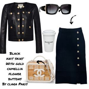 Black Knit Maxi Skirt With Gold Camellia Flower Buttons - Chanel Vibes